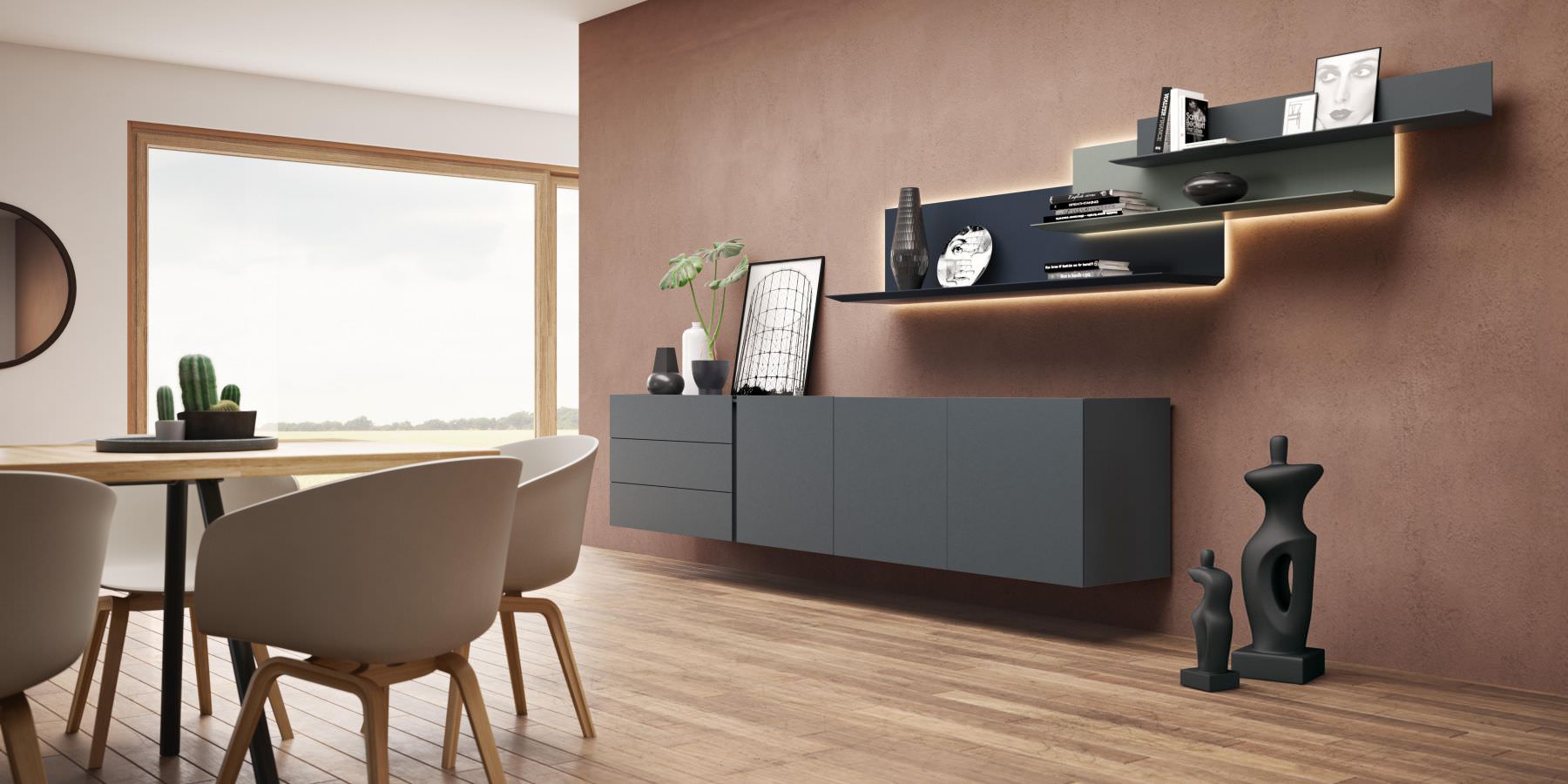 wall shelf lilu Differently sized angled shelves can be creatively arranged above each other and offset